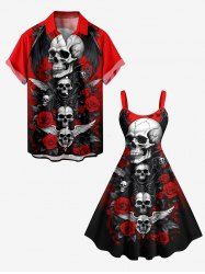 Tenue d'Halloween grande taille assortie pour couples, motif crânes, ailes, roses, fleurs et papillons - Rouge 