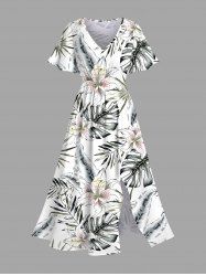 Plus Size Flowers Tropical Leaf Print Split Hawaii Midi Dress -  