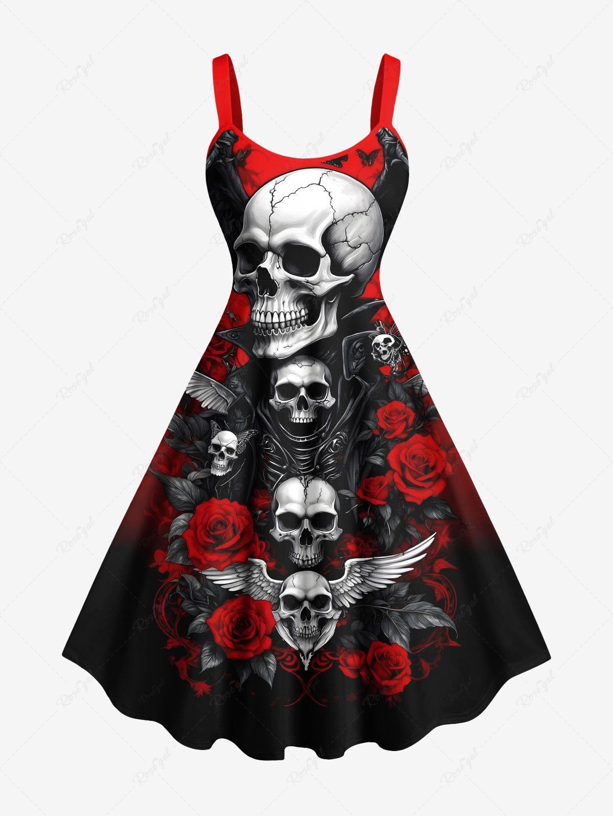 Fancy Plus Size Halloween Skulls Wings Rose Flowers Butterfly Print Tank Dress  