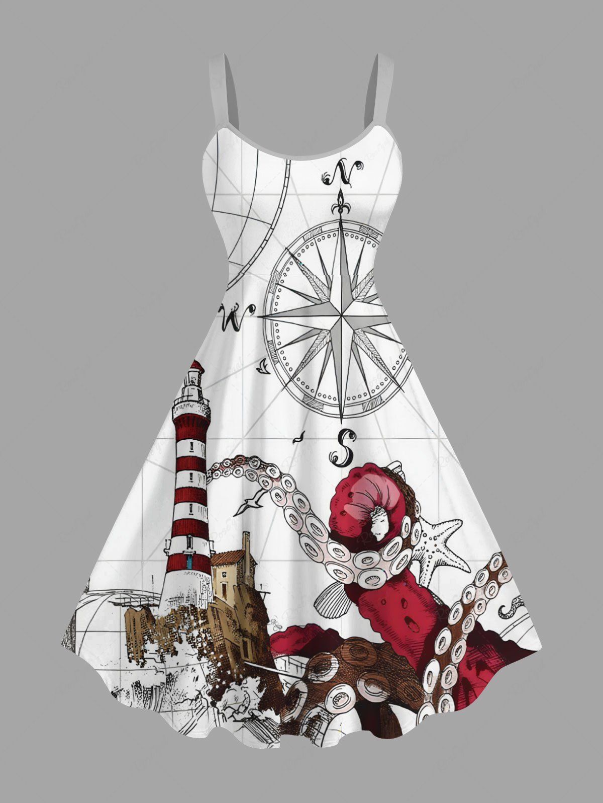 Shops Plus Size Octopus Starfish Lighthouse Sea Waves Ship Rudder Cruise Print Hawaii Tank Dress  