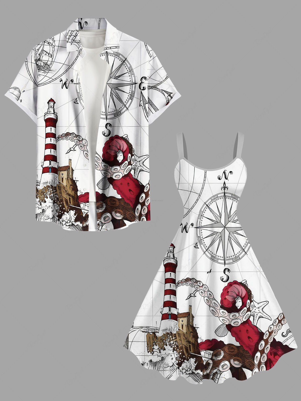 Shop Octopus Starfish Lighthouse Sea Waves Ship Rudder Cruise Print Plus Size Matching Hawaii Beach Outfit For Couples  