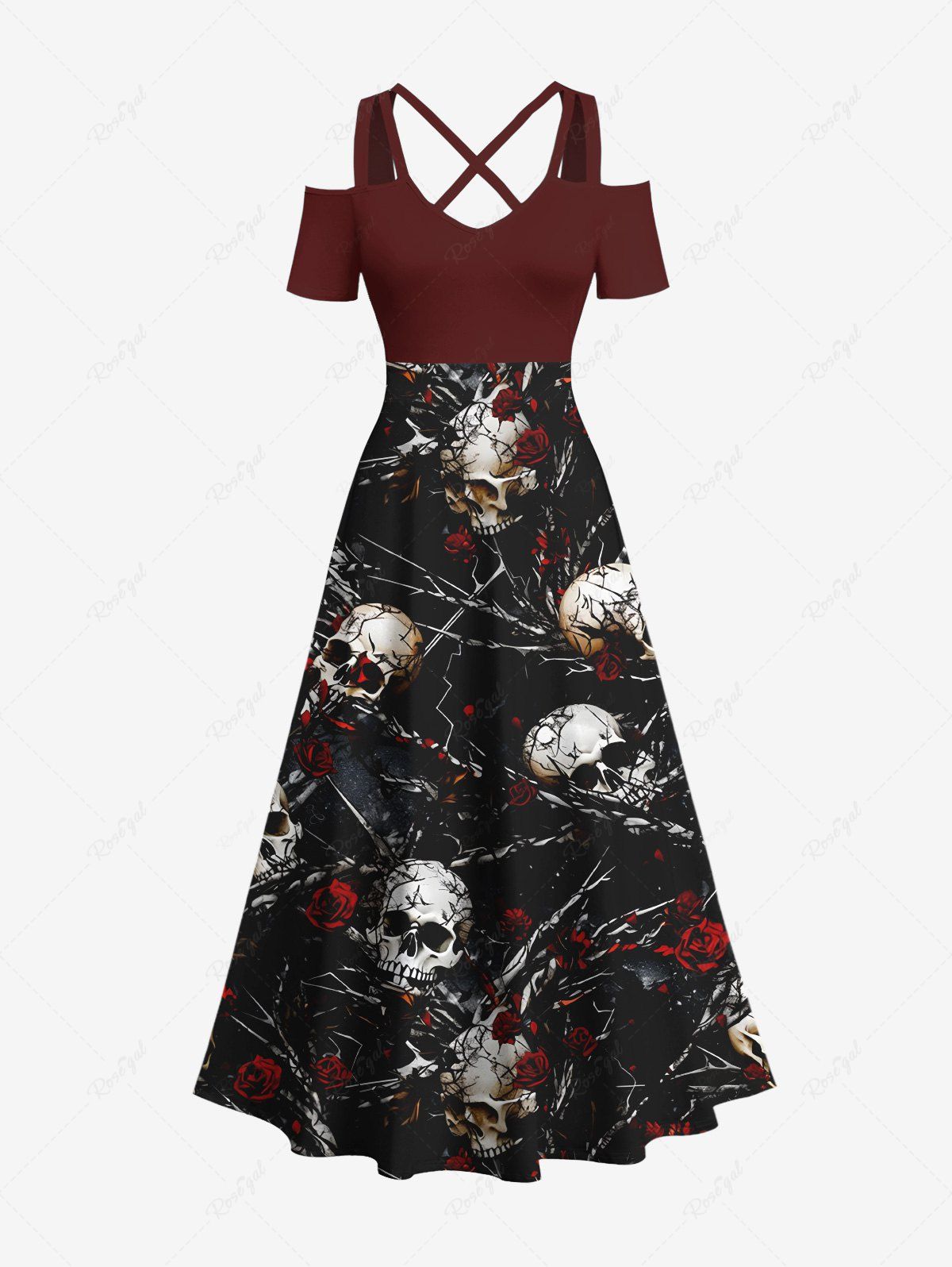 Best Plus Size Halloween Skulls Rose Flowers Chains Print Cold Shoulder Crisscross Maxi Dress  