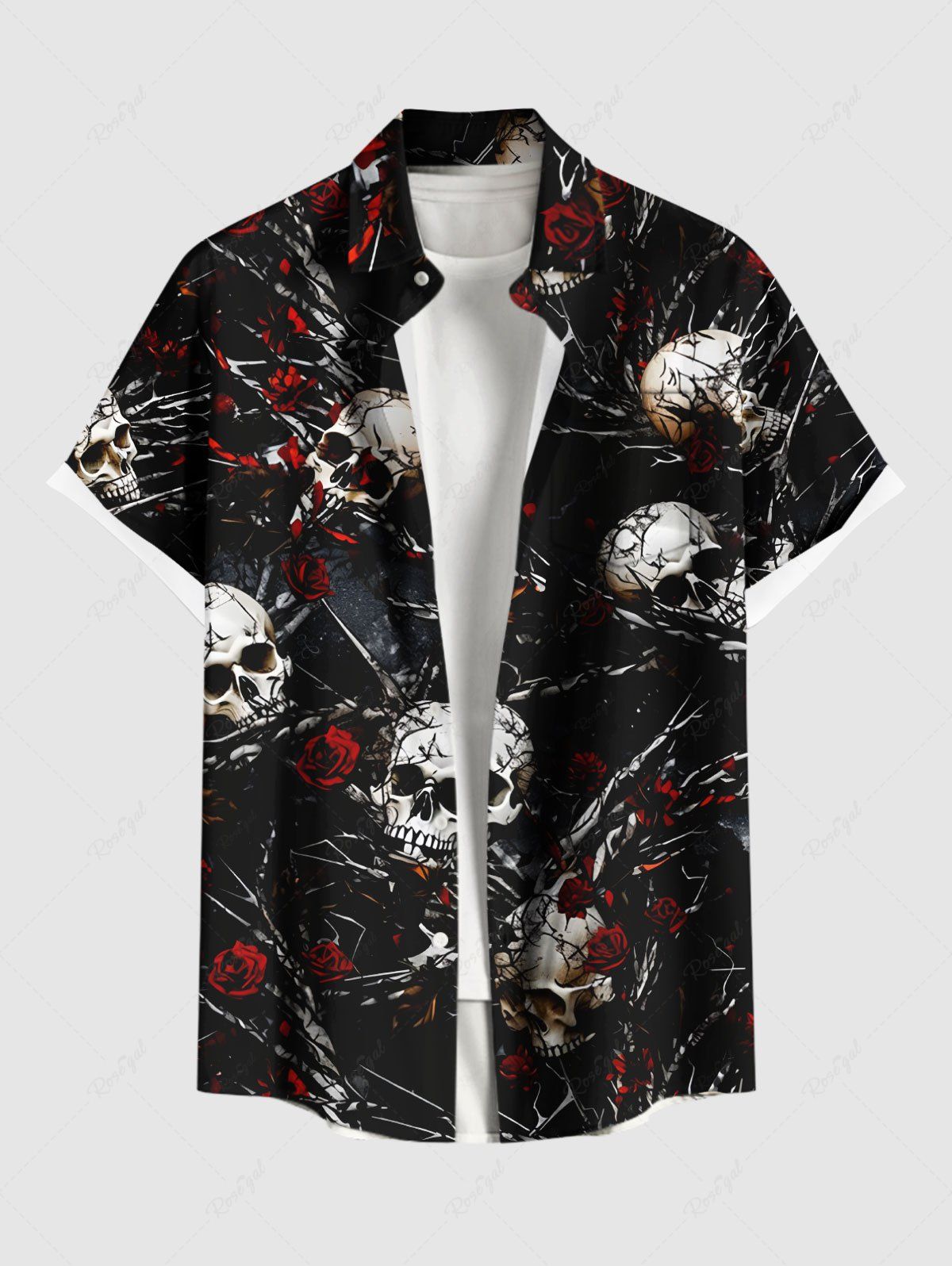 Chemise grande taille pour homme, motif tête de mort, roses, fleurs, chaînes, boutons et poches Noir 5XL
