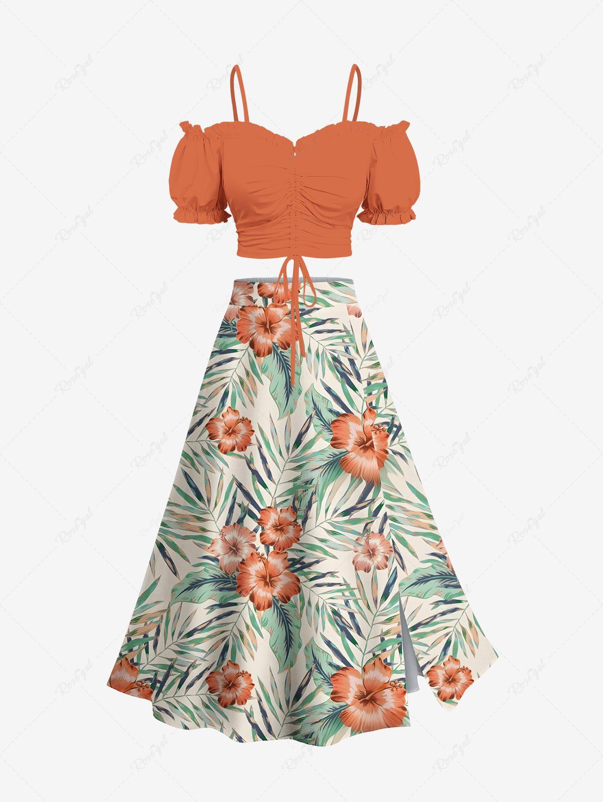 Outfit Hibiscus Flowers Tropical Leaf Print Hawaii Plus Size Matching Set  