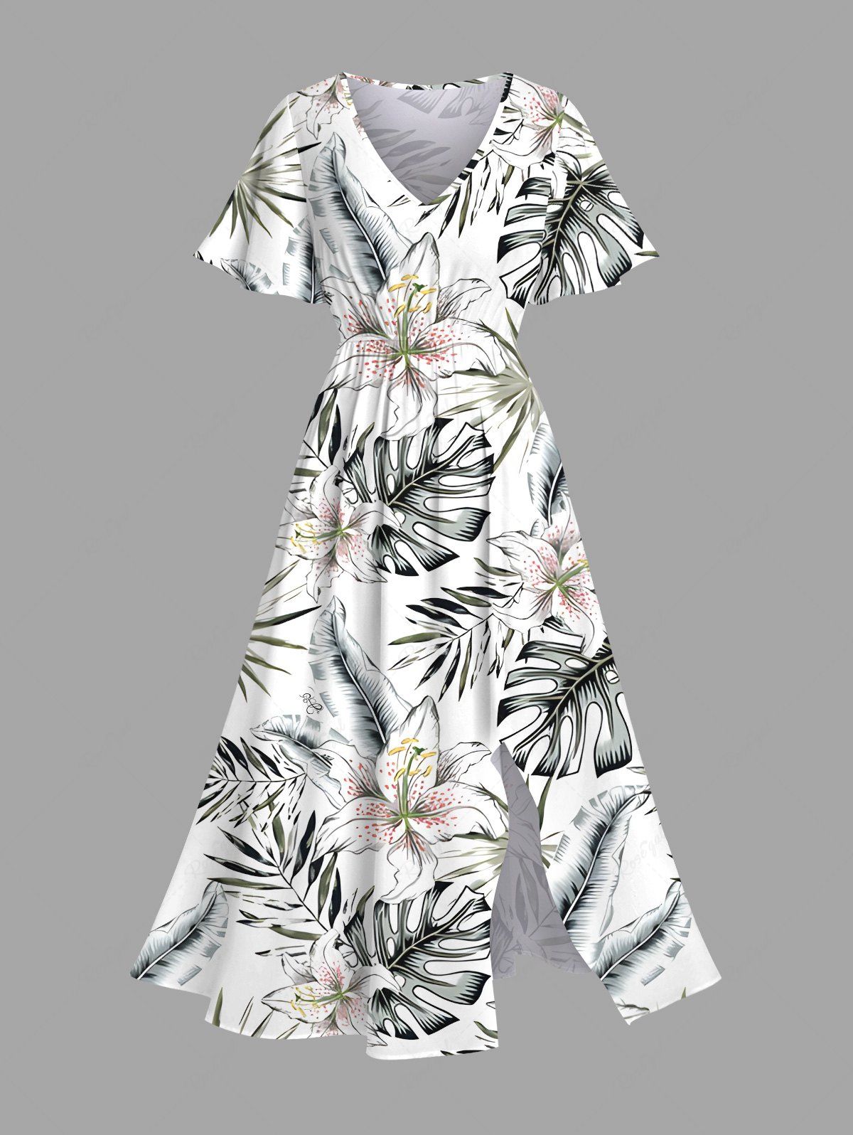 Robe mi-longue hawaïenne fendue à imprimé feuilles tropicales et fleurs grande taille Blanc XXS