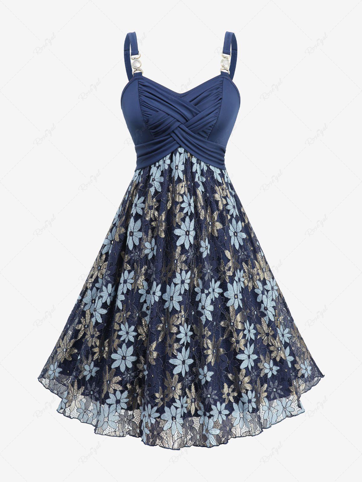 Fancy Plus Size Two Tone Flower Lace Crossover A Line Dress  