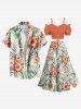 Tenue de plage hawaïenne assortie grande taille à imprimé feuilles tropicales et fleurs d'hibiscus pour couples - Orange 