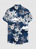 Chemise hawaïenne grande taille à imprimé fleurs, feuilles tropicales, cocotiers, boutons et poches pour homme - Bleu Marine S