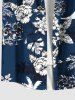 Chemise hawaïenne grande taille à imprimé fleurs, feuilles tropicales, cocotiers, boutons et poches pour homme - Bleu Marine S