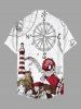 Chemise hawaïenne grande taille à imprimé poulpe, étoile de mer, phare, vagues, navire, gouvernail, croisière, boutons, poche, pour homme - Blanc S