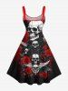 Plus Size Halloween Skulls Wings Rose Flowers Butterfly Print Tank Dress -  