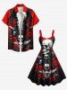 Plus Size Halloween Skulls Wings Rose Flowers Butterfly Print Tank Dress -  