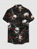 Chemise grande taille pour homme, motif tête de mort, roses, fleurs, chaînes, boutons et poches - Noir 3XL