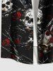 Chemise grande taille pour homme, motif tête de mort, roses, fleurs, chaînes, boutons et poches - Noir 5XL