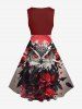 Robe vintage années 50 à imprimé chouette et roses pour Halloween, grande taille - Rouge XXS