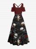 Robe longue grande taille à imprimé tête de mort, roses, fleurs et chaînes, épaules dénudées et croisées - Noir L