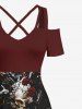 Plus Size Halloween Skulls Rose Flowers Chains Print Cold Shoulder Crisscross Maxi Dress -  