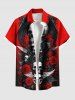 Plus Size Halloween Skulls Wings Rose Flowers Butterfly Print Buttons Pocket Shirt For Men -  
