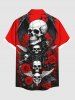 Plus Size Halloween Skulls Wings Rose Flowers Butterfly Print Buttons Pocket Shirt For Men -  