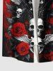 Plus Size Halloween Skulls Wings Rose Flowers Butterfly Print Buttons Pocket Shirt For Men -  