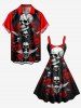 Plus Size Halloween Skulls Wings Rose Flowers Butterfly Print Buttons Pocket Shirt For Men -  