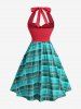 Plaid Print Button Twist Ruched Halter Backless A Line Dress -  