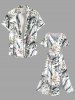Plus Size Flowers Tropical Leaf Print Split Hawaii Midi Dress -  