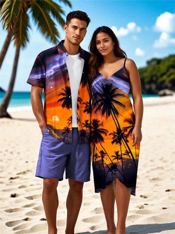 Coconut Tree Ombre Sunset Print Plus Size Matching Hawaii Beach Outfit For Couples - ORANGE