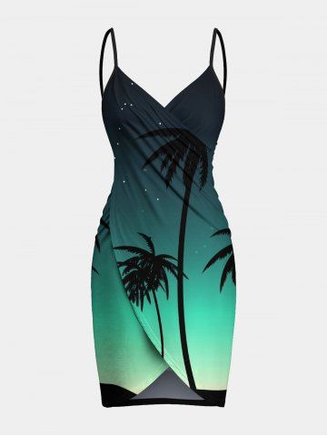 Plus Size Coconut Tree Dip Dye Ombre Galaxy Print Hawaii Convertible Beach Cover Up - GREEN - XXS