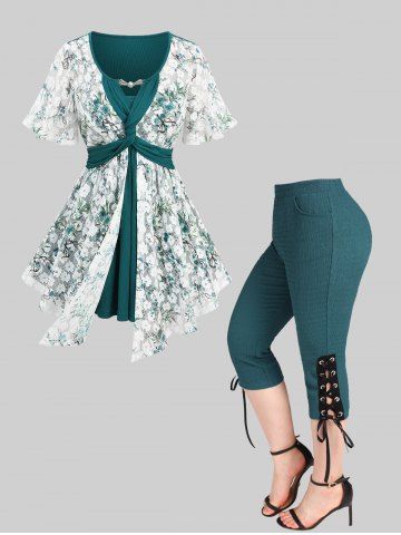 Hot Stamping Flower Lace Twist 2 In 1 Top and Lace-up Capri Pants Plus Size Outfit - WHITE