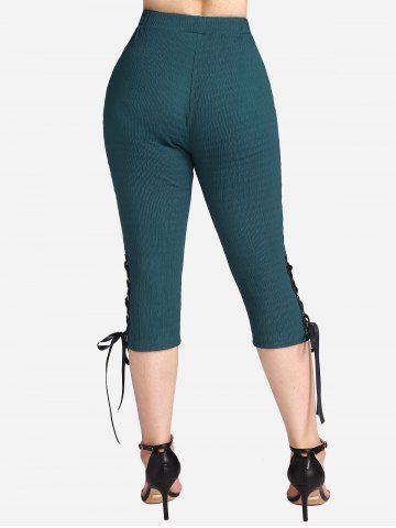 Hot Stamping Flower Lace Twist 2 In 1 Top and Lace-up Capri Pants Plus Size Outfit