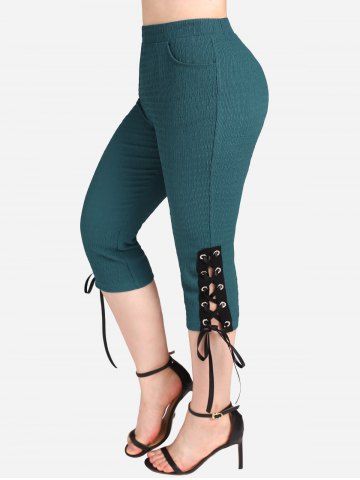 Hot Stamping Flower Lace Twist 2 In 1 Top and Lace-up Capri Pants Plus Size Outfit