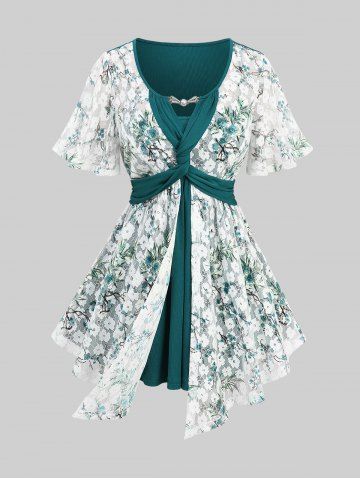 Hot Stamping Flower Lace Twist 2 In 1 Top and Lace-up Capri Pants Plus Size Outfit