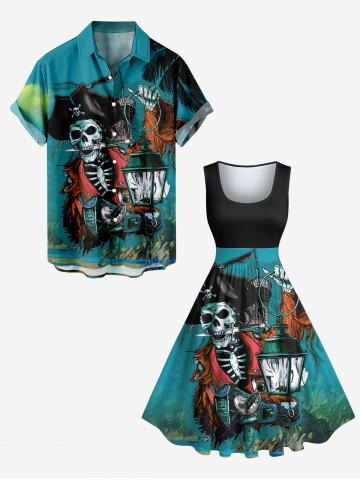Halloween Skull Pirate Ship Lantern Print Plus Size Matching Outfit For Couples - GREEN