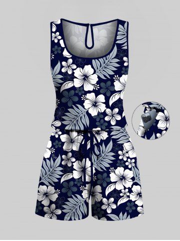 Plus Size Hibiscus Flowers Tropical Leaf Print Cinched Hawaii Romper - BLACK - XXS