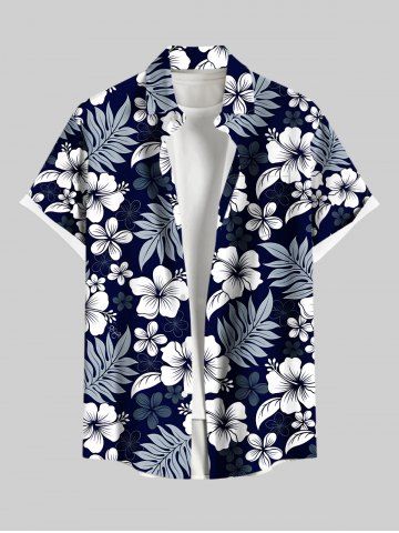 Plus Size Hibiscus Flowers Tropical Leaf Print Buttons Pocket Hawaii Shirt For Men - BLACK - L