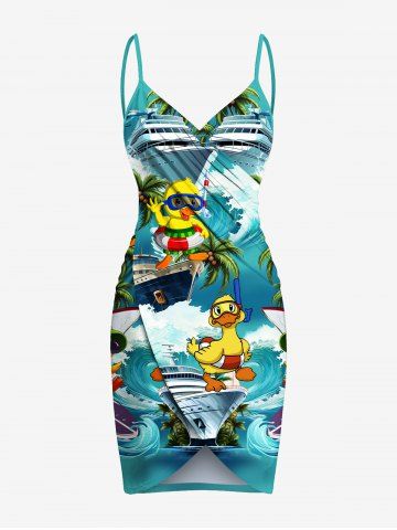 Plus Size Ducks Ship Coconut Tree Sea Waves Print Convertible Hawaii Beach Cover - GREEN - XXS