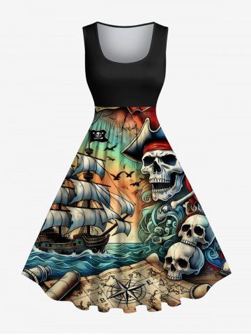 Plus Size Skulls Pirate Ship Sea Waves Cruise Print Hawaii 1950s Vintage Dress - BLACK - XS