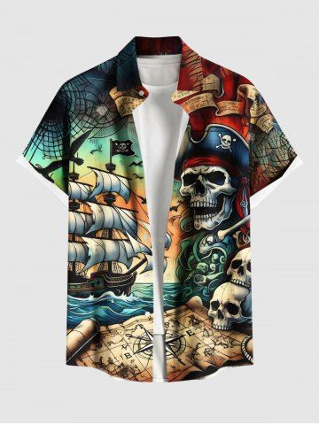 Plus Size Skulls Pirate Ship Sea Waves Cruise Print Buttons Pocket Hawaii Shirt For Men - MULTI-A - 3XL