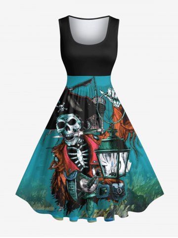 Plus Size Halloween Skull Pirate Ship Lantern Print 1950s Vintage Dress - GREEN - XXS