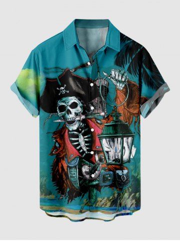 Plus Size Halloween Skull Pirate Ship Lantern Print Buttons Pocket Shirt For Men - GREEN - 4XL