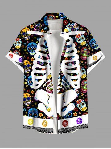 Plus Size Halloween Skeleton Colorful Skulls Flowers Print Buttons Pocket Shirt For Men