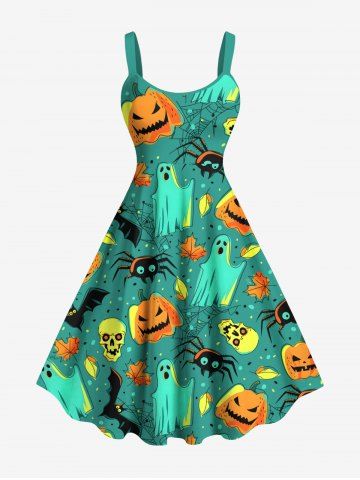 Plus Size Halloween Pumpkin Ghost Skulls Spider Bat Maple Leaf Print Tank Dress - GREEN - XXS