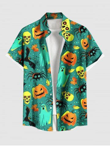 Plus Size Halloween Pumpkin Ghost Skulls Spider Bat Maple Leaf Print Buttons Pocket Shirt For Men - GREEN - M
