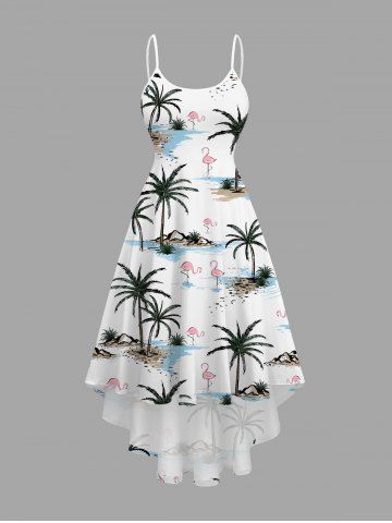 Plus Size Coconut Tree Flamingo Print High Low Hawaii Cami Dress - WHITE - XXS