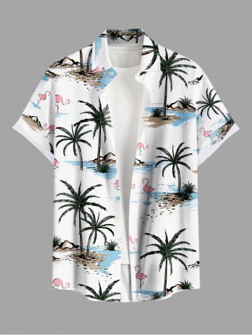 Plus Size Coconut Tree Flamingo Print Buttons Pocket Hawaii Shirt For Men - WHITE - 3XL