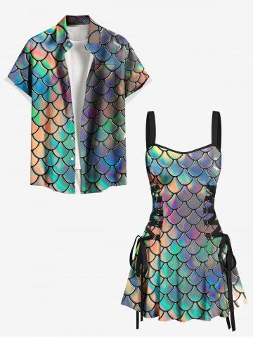 Colorful Mermaid Fish Scale Print Plus Size Matching Hawaii Beach Outfit For Couples - MULTI-A