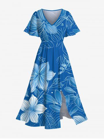 Plus Size Flowers Leaf Print Split Hawaii Midi Dress - SKY BLUE - XXS