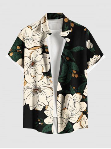 Plus Size Flower Leaf Print Hawaii Button Pocket Shirt For Men - BLACK - 3XL