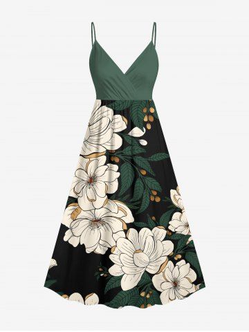 Plus Size Flower Leaf Print Hawaii Surplice A Line Cami Dress - GREEN - 2X
